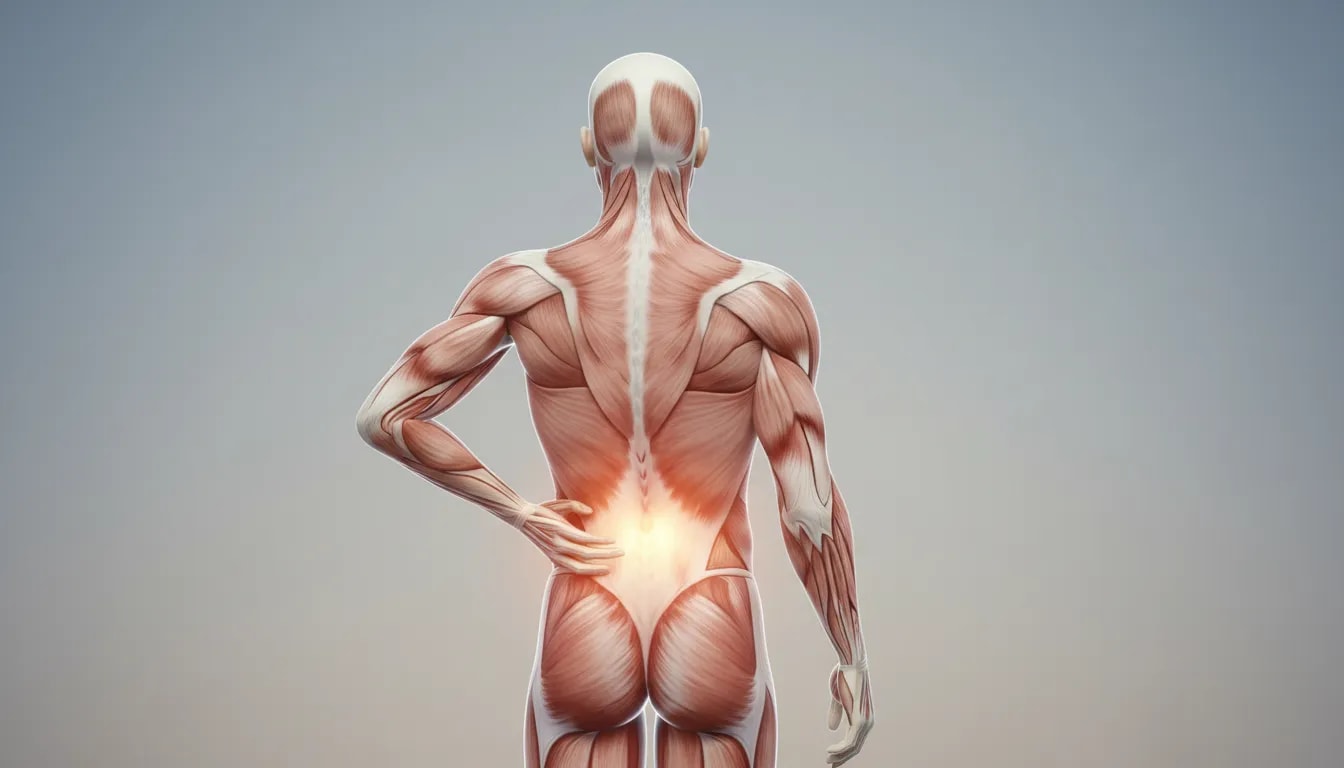 Ilustración que representa la relajación de la zona lumbar para aliviar la rigidez y el dolor de espalda, con un resplandor suave en la espalda baja sin texto.