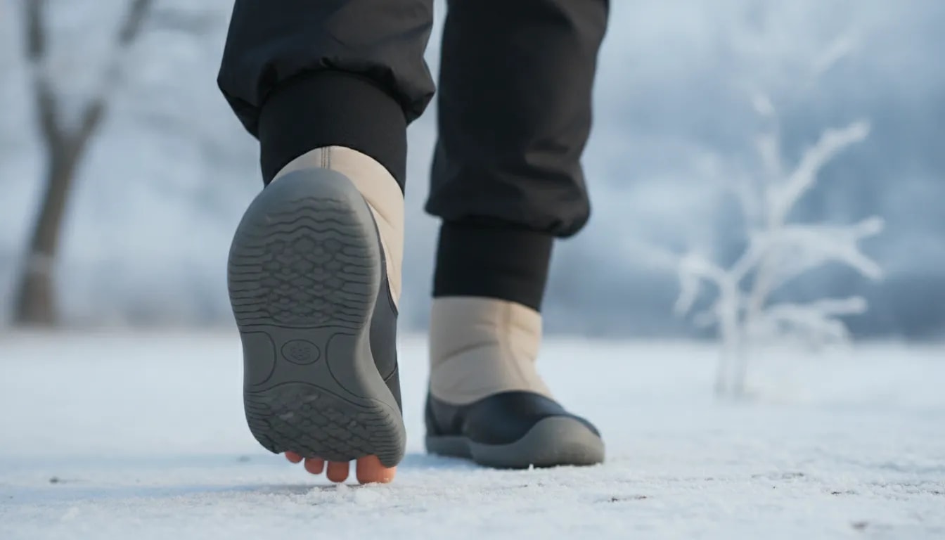 Persona caminando en invierno con botas minimalistas flexibles, mostrando el apoyo natural del pie y el espacio para los dedos, sin texto ni marcas.
