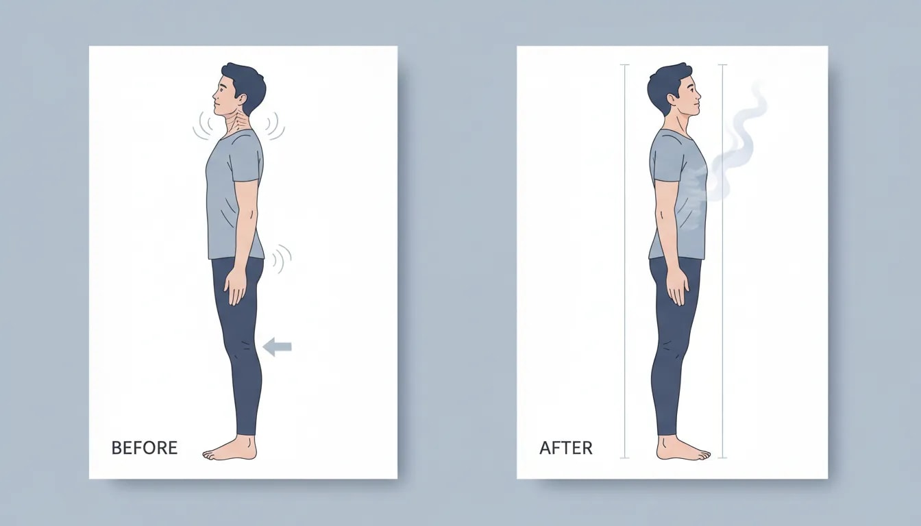 Comparación visual de una postura incorrecta (hombros retraídos y pecho hacia fuera) frente a una postura corregida para reducir la carga en cuello, zona lumbar y espalda, con indicios de respiración adecuada.