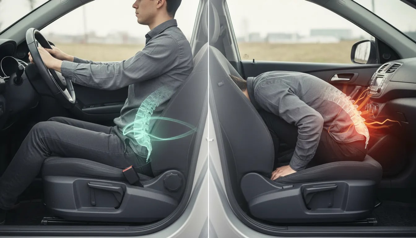 Conductor sentado en un coche comparando una postura lumbar correcta e incorrecta según la altura del asiento, ilustrando el dolor de espalda al conducir sin texto.