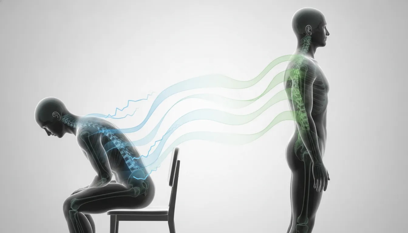 Ilustración biomecánica sin texto que muestra cómo la tensión lumbar aumenta al ponerse de pie después de estar sentado y cómo mejora con una alineación correcta.