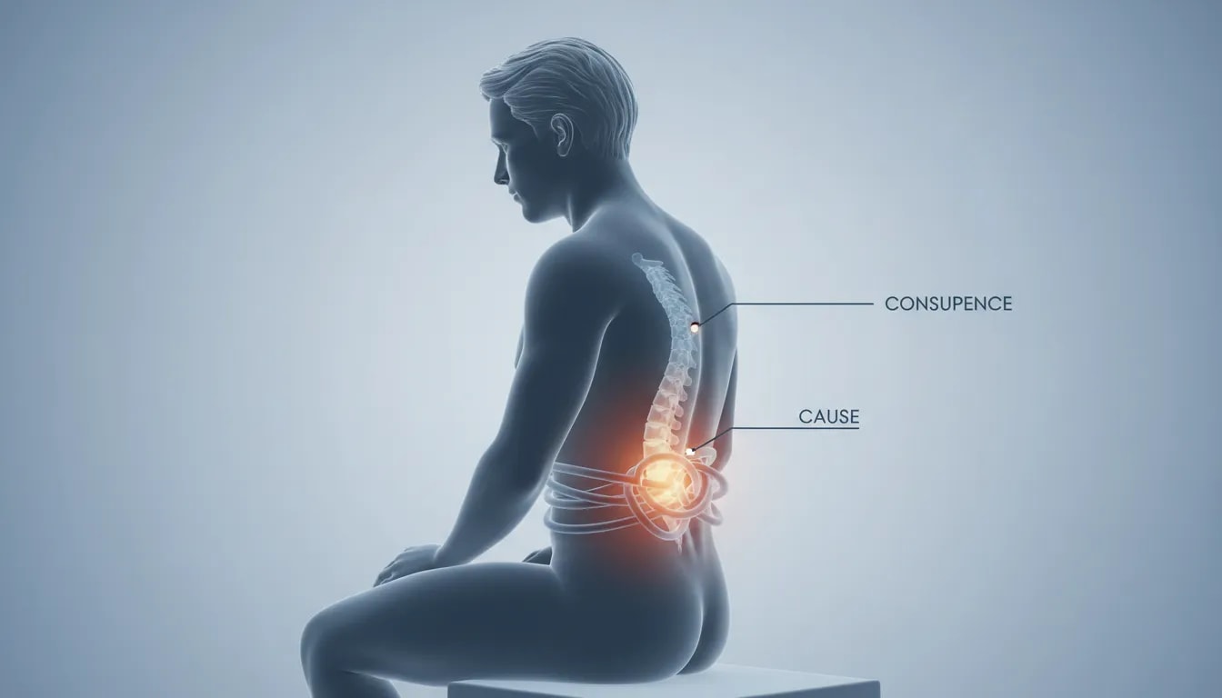 Ilustración conceptual de dolor de espalda mostrando la diferencia visual entre aliviar la consecuencia y atender la causa con una luz focal en la zona lumbar