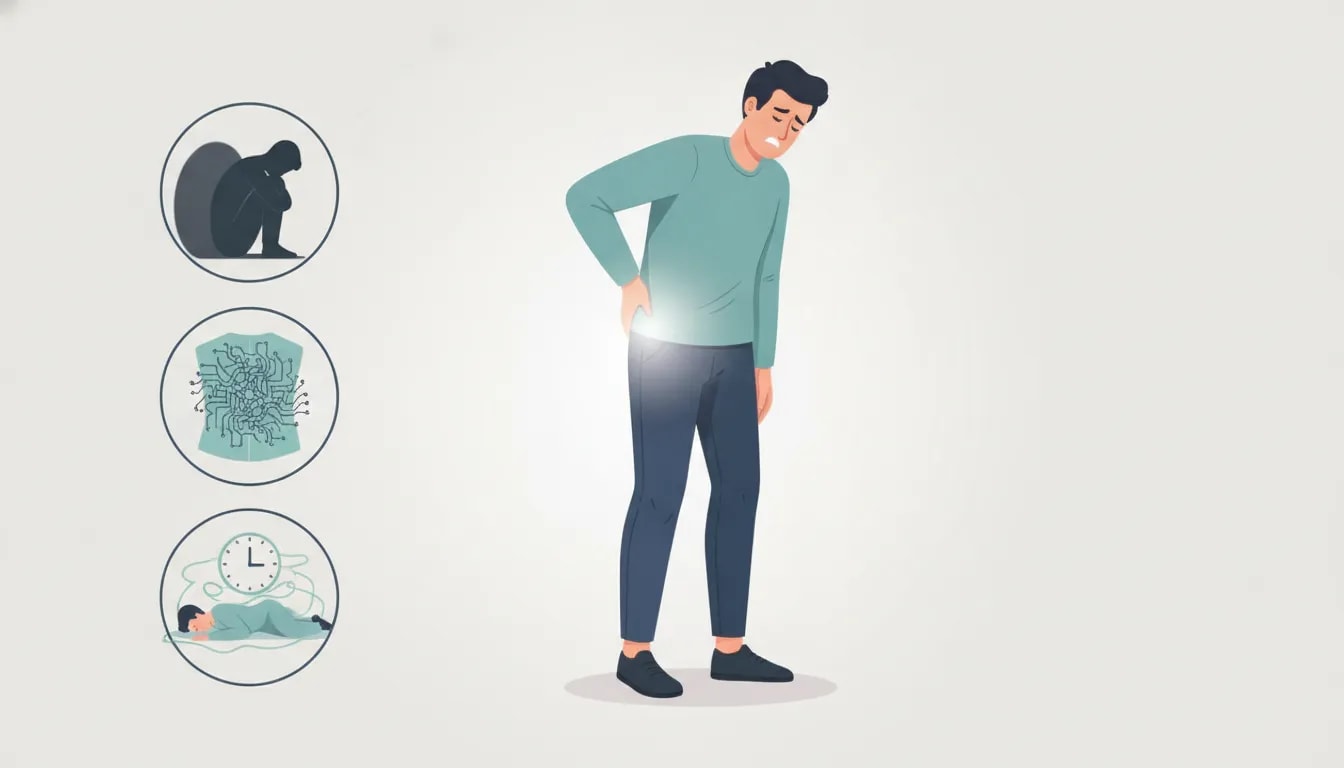 Ilustración sin texto que representa dolor lumbar crónico con foco visual en la zona lumbar y tres conceptos visuales abstractos de errores comunes (evitar movimiento, ejercicios mal enfocados y exceso de reposo).