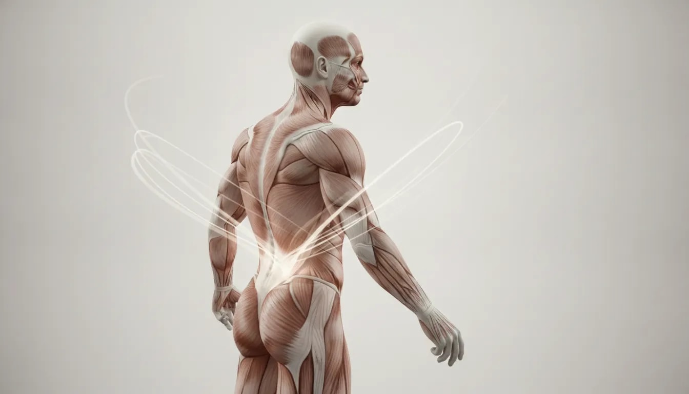 Ilustración sin texto que muestra la espalda y la zona lumbar con un flujo visual de tensión que se transforma en control y fuerza muscular