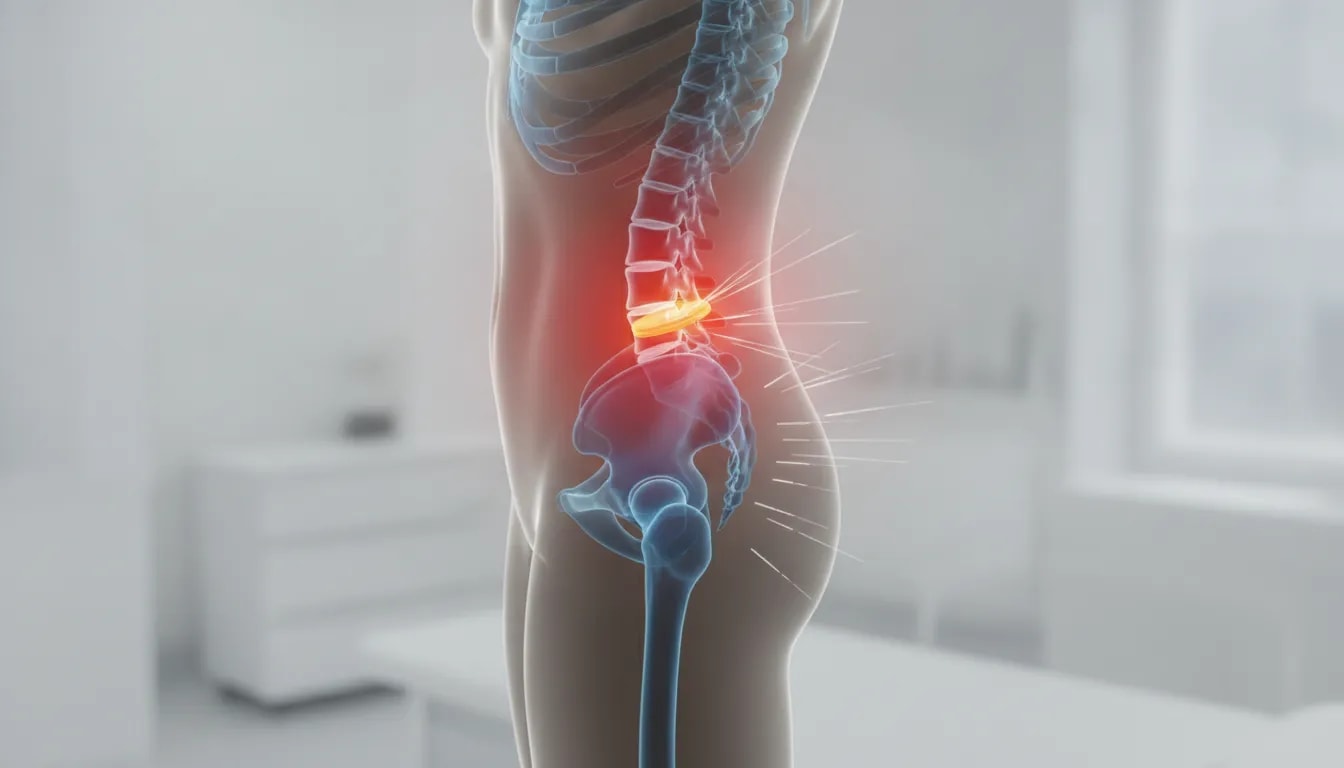 Ilustración sin texto que muestra cómo la movilidad de la pelvis puede influir en el disco intervertebral y el dolor lumbar