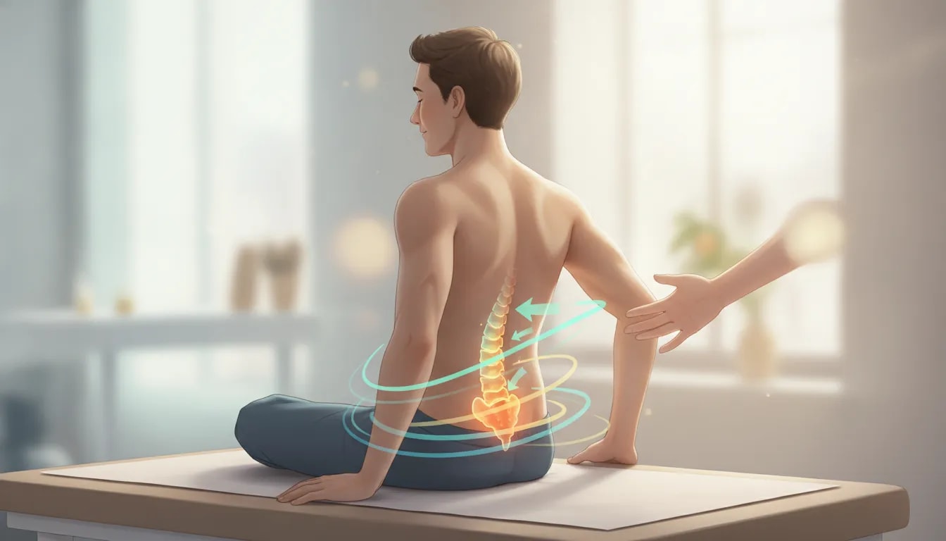 Persona en una clínica de fisioterapia con luz suave y líneas simbólicas alrededor de la zona lumbar, representando alivio y recuperación del dolor de espalda sin texto.