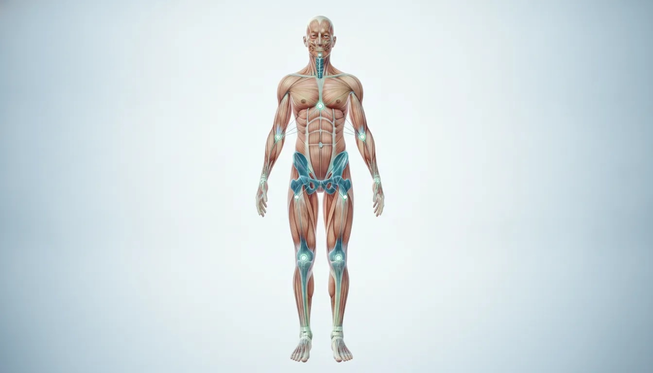 Ilustración sin palabras que muestra el cuerpo como una red coordinada de movimiento conectando columna, hombros, cadera y mandíbula para reducir el dolor de espalda.
