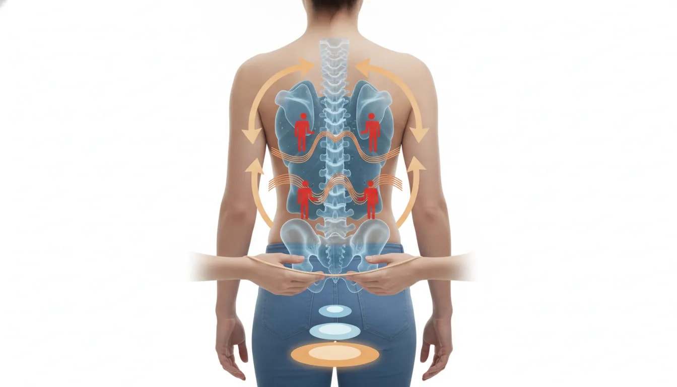 Ilustración sin texto que representa el dolor lumbar: una vista de la zona lumbar con señales visuales de rigidez, miedo al movimiento y protección, guiadas por manos terapéuticas para indicar un proceso de tratamiento en orden.