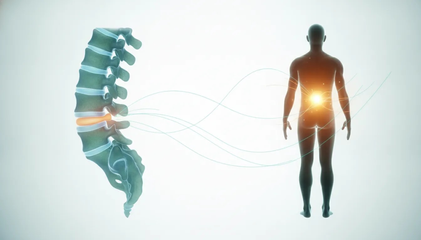 Ilustración médica sin texto que muestra la columna lumbar con una pequeña protrusión de disco y una figura activa con un resplandor suave, simbolizando que una hernia no implica necesariamente dolor persistente.