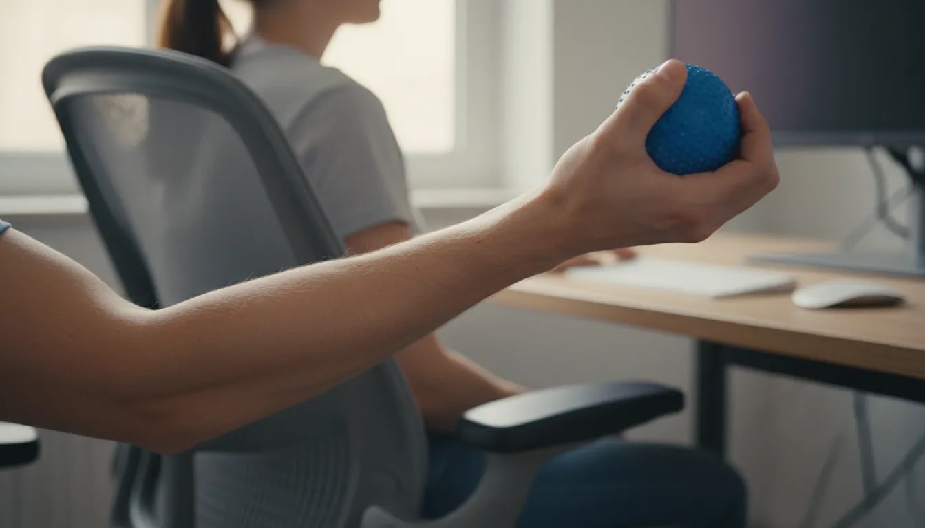 Persona en escritorio realizando ejercicio con pelota dura para aliviar codo y muñeca, con rotación del antebrazo y postura de espalda neutra