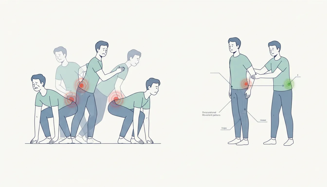 Ilustración que muestra que el dolor de espalda suele venir de compensaciones y patrones de movimiento, no solo de hacer ejercicios repetitivos
