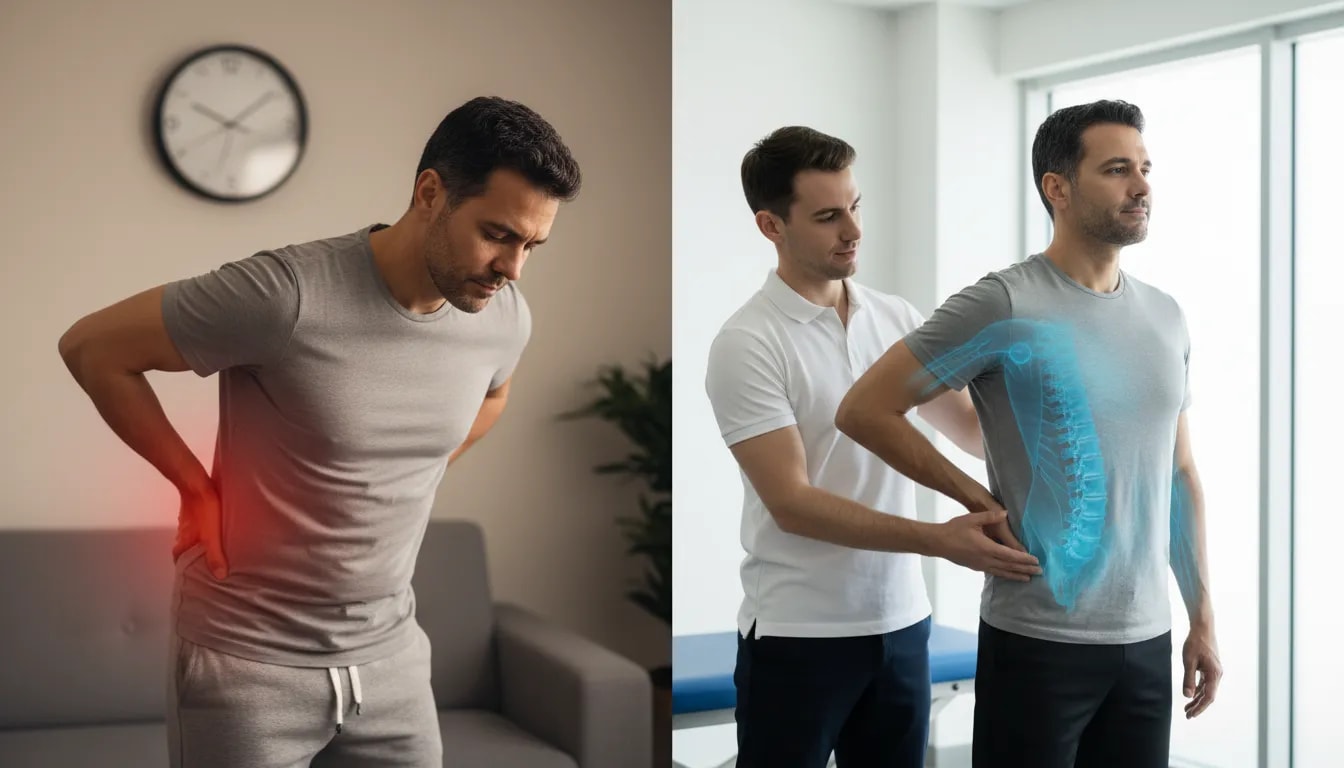 Comparativa visual: a la izquierda persona estirando la espalda sin alivio, a la derecha fisioterapeuta corrige la postura y guía ejercicios de fortalecimiento para tratar la causa del dolor de espalda