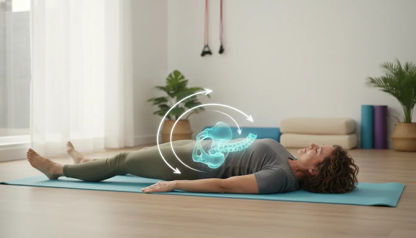 Persona realizando ejercicio de movilidad lumbar en un estudio de fisioterapia, con superposición translúcida que destaca la columna lumbar y el movimiento de caderas