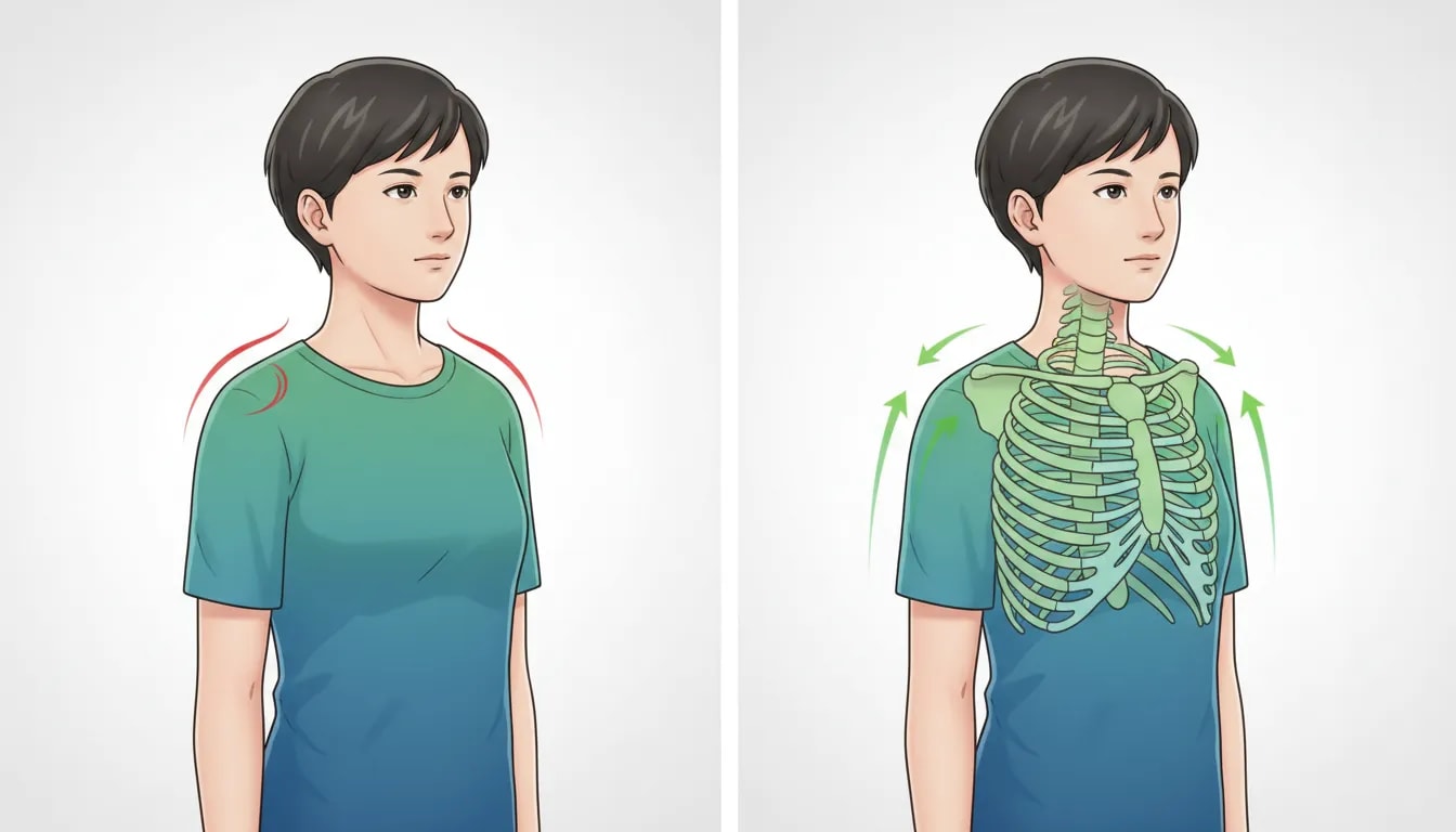 Ilustración comparativa de postura con hombros redondeados y caja torácica colapsada frente a hombros alineados y caja torácica expandida, mostrando una relación entre dolor de cuello y espalda.