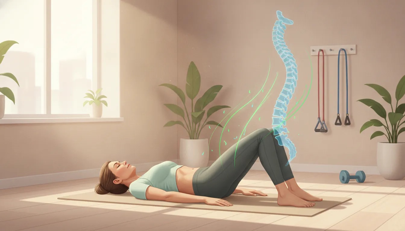 Mujer realizando un ejercicio suave de fortalecimiento del core durante su recuperación de una hernia lumbar en un entorno de fisioterapia, con una silueta translúcida de la columna y señales visuales de progreso sin texto.