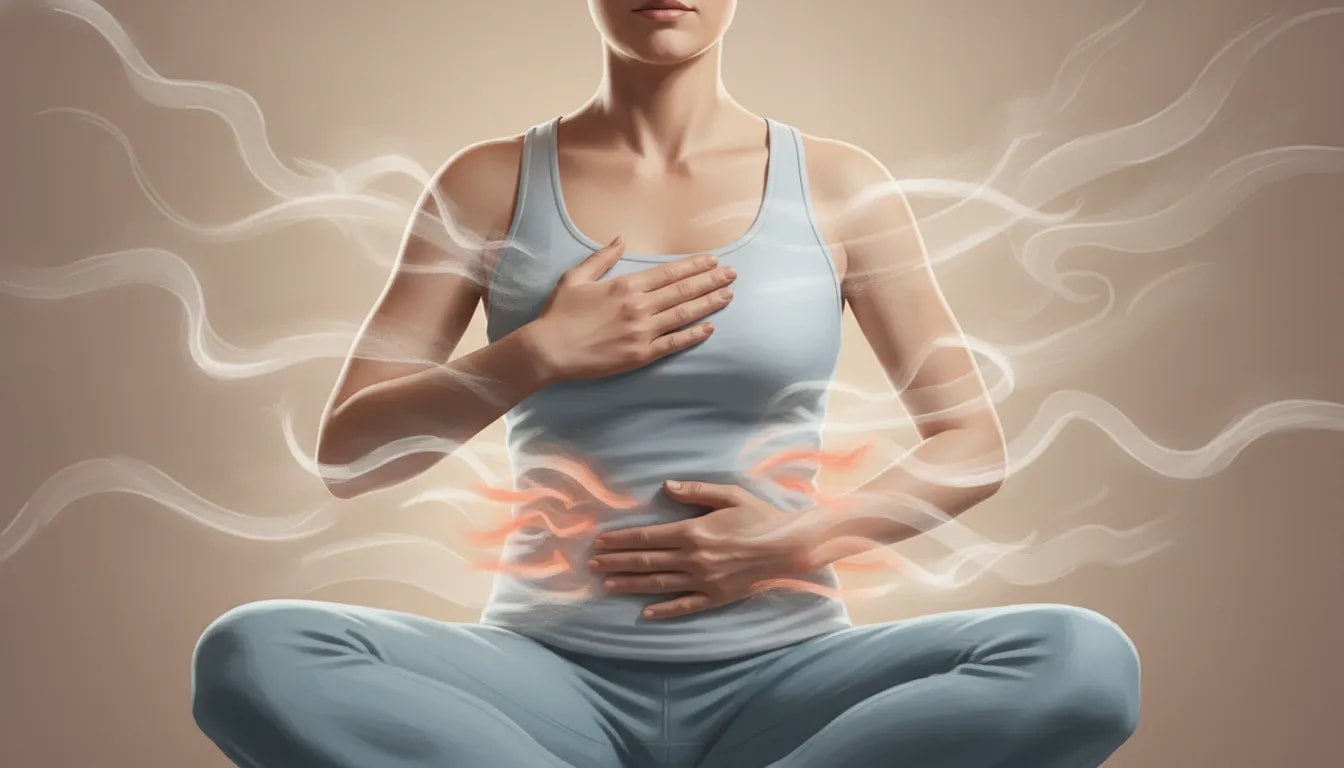 Ilustración de una persona en respiración consciente para aliviar dolor de espalda, con un flujo de aire visual que indica inhalación y exhalación sin texto.