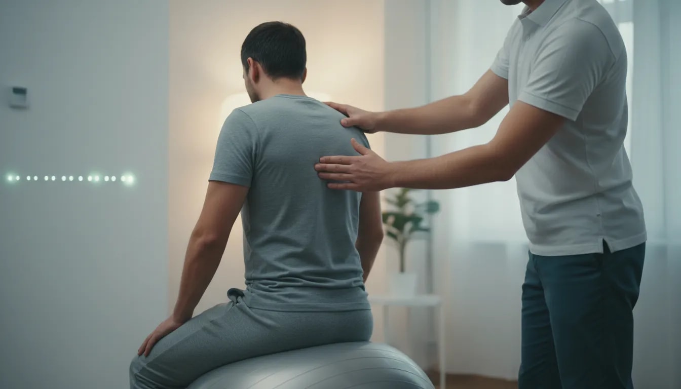 Persona realizando ejercicios de rehabilitación con supervisión de un fisioterapeuta en una clínica, representando el seguimiento y la progresión para aliviar el dolor de espalda.